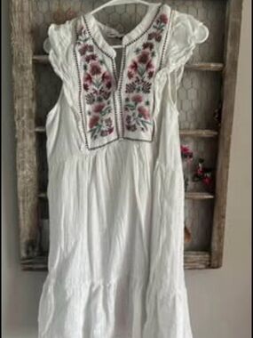 Sonoma White Boho Maxi Dress with Pink & Green Floral Embroidery
